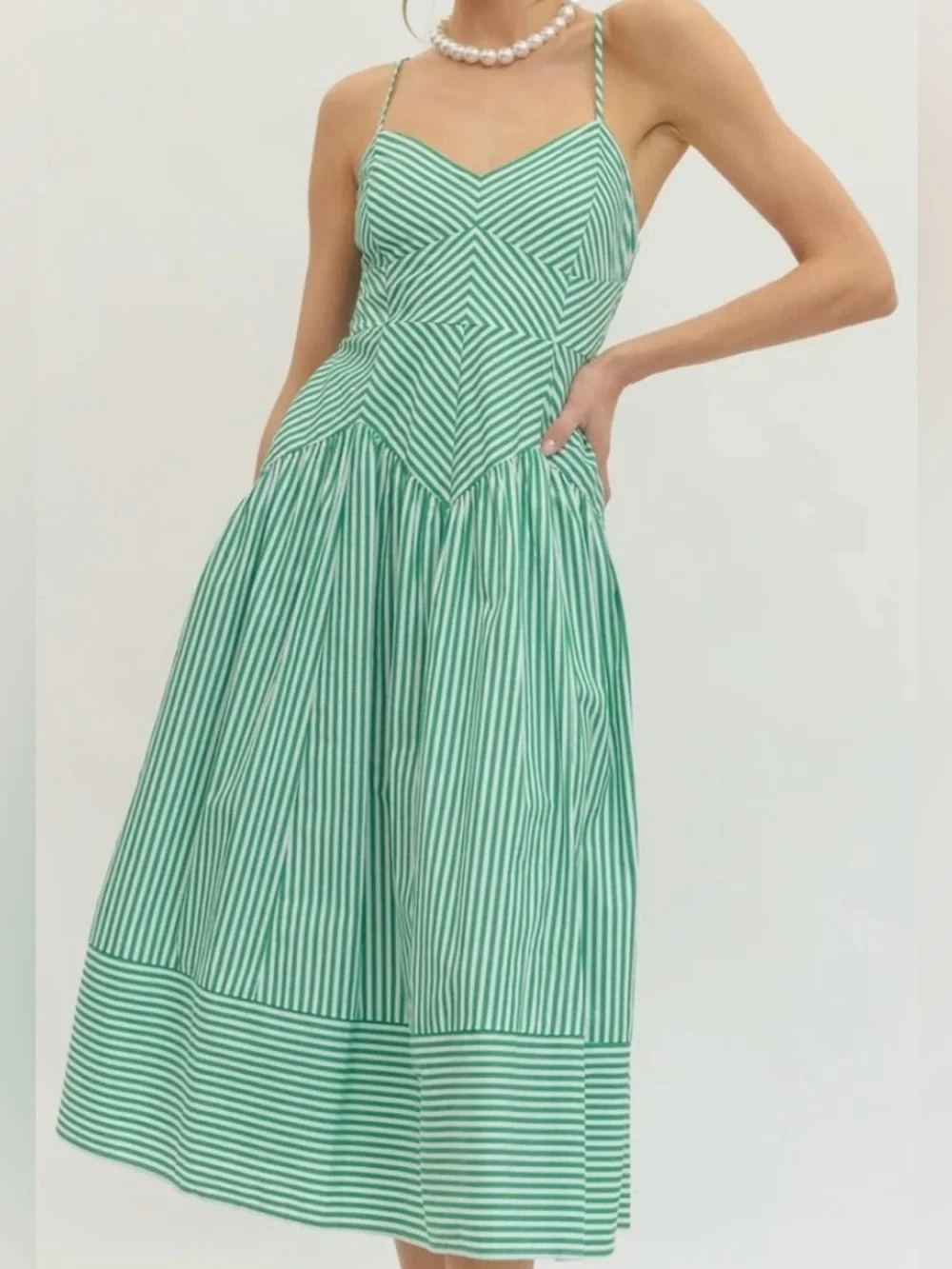 NWT FARM Rio Green & White Striped Midi Dress, NWT, XS - Picture 1 of 8